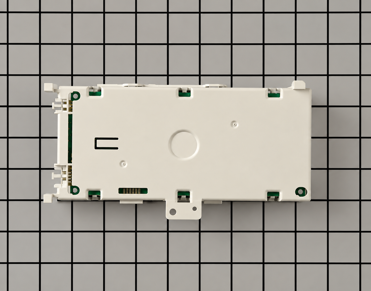 A white plastic replacement housing or cover with small green circuitry details, photographed from above on a gray grid background.